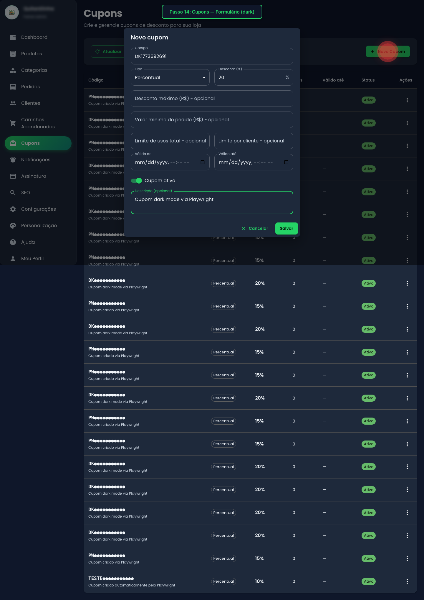Formulário de Cupom