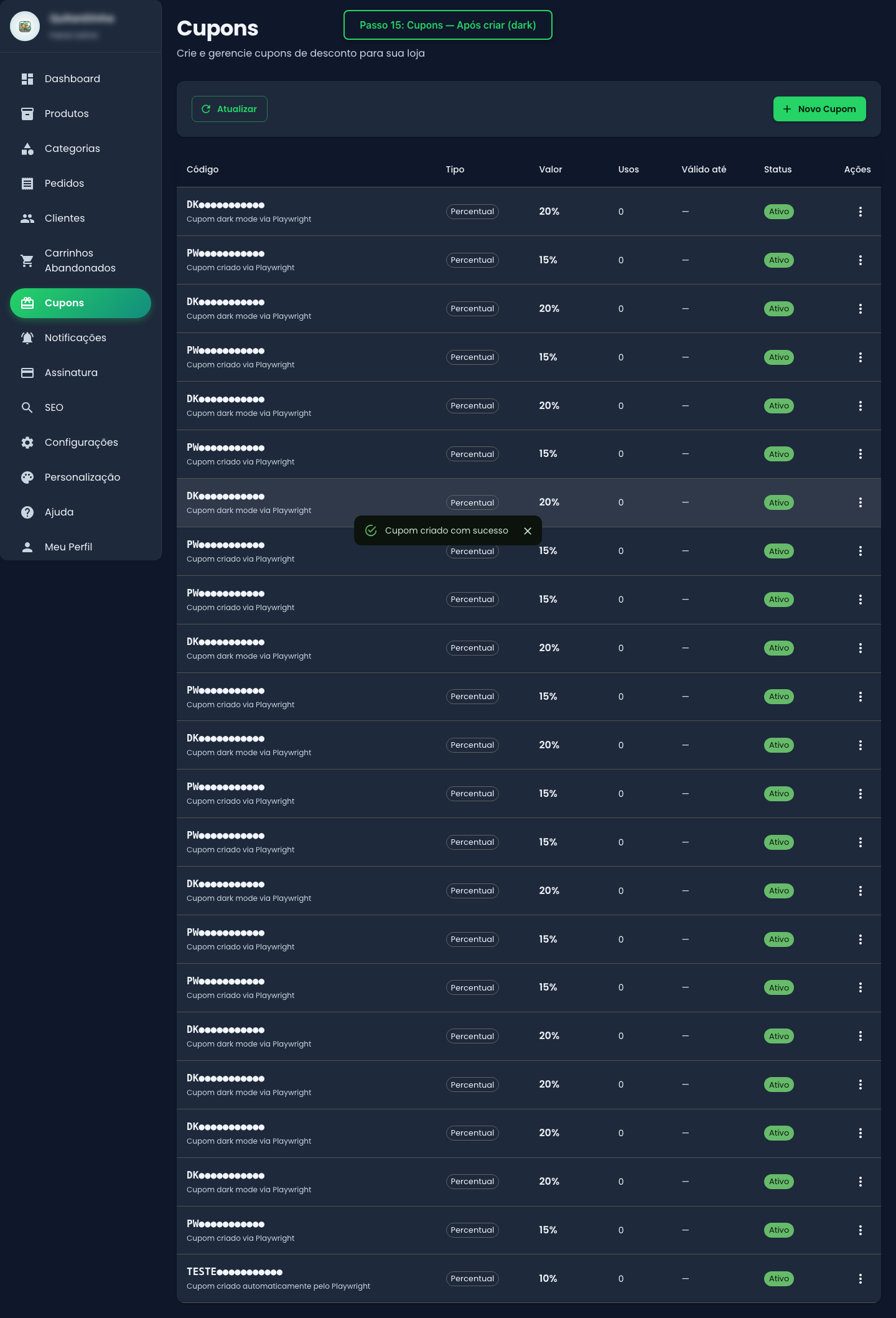 Cupons (após criar)