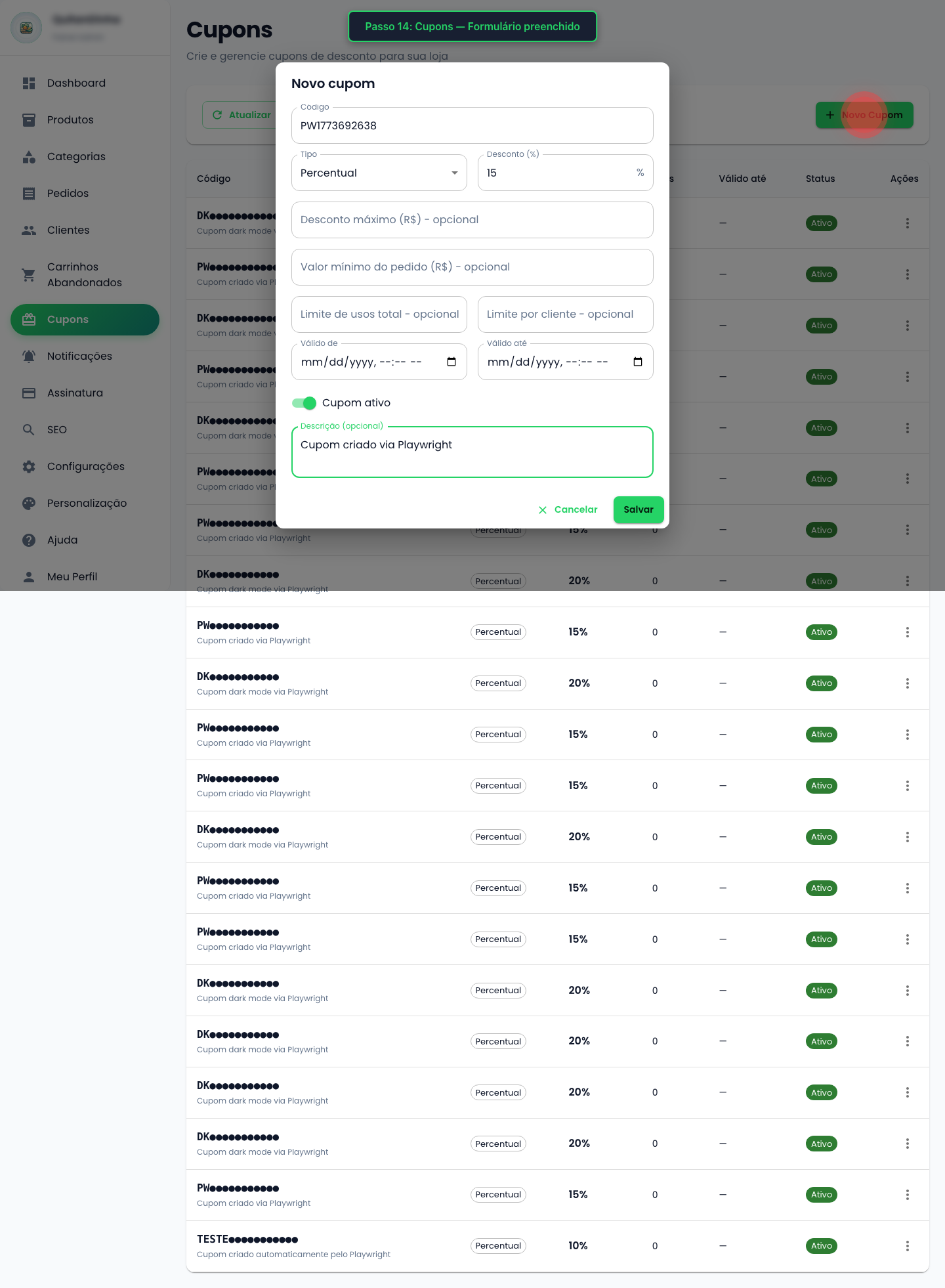 Formulário de Cupom