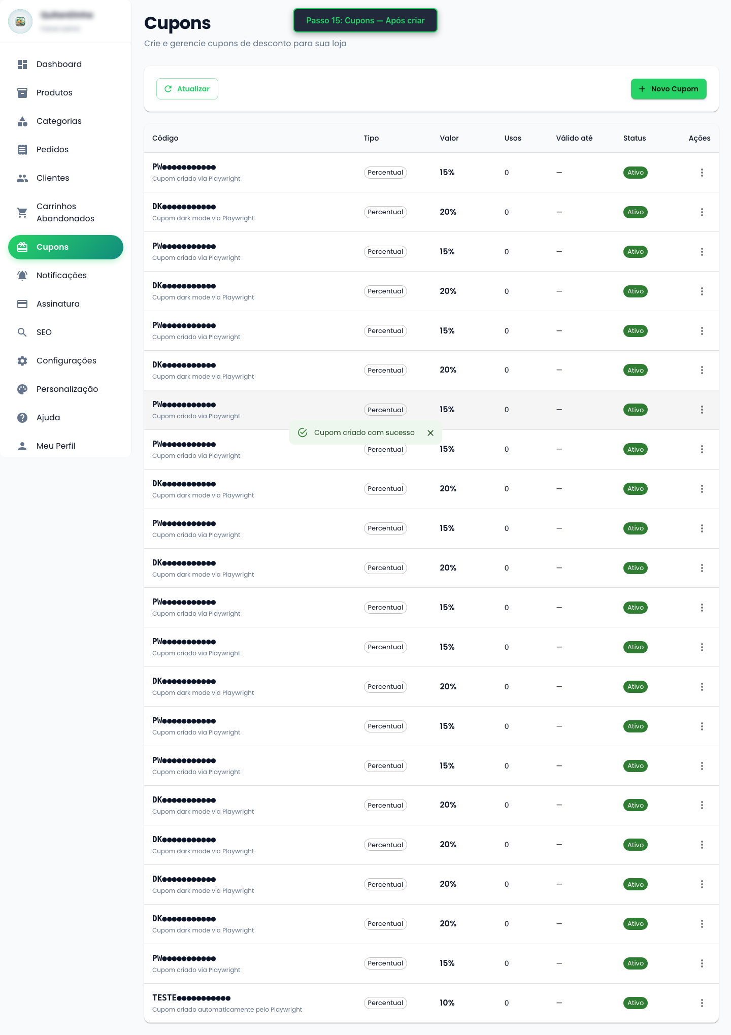 Cupons (após criar)